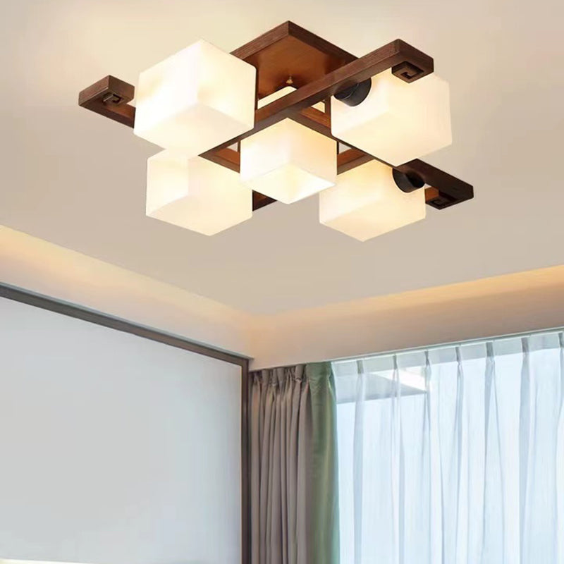 Modern Style Ball Shape Flush Mount Wood Ceiling Light in Brown for Living Room
