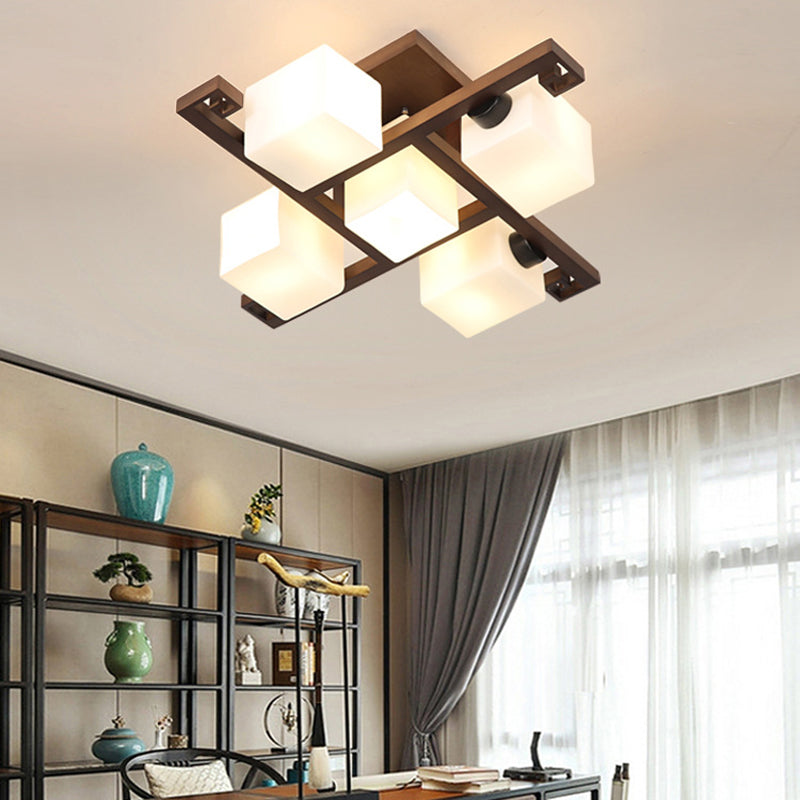 Modern Style Ball Shape Flush Mount Wood Ceiling Light in Brown for Living Room
