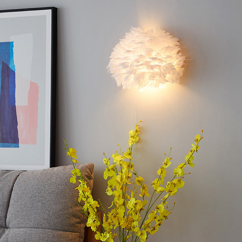 Modern Metal Wall Sconce Geometric Shape Wall Light with Feather Shade for Bedroom