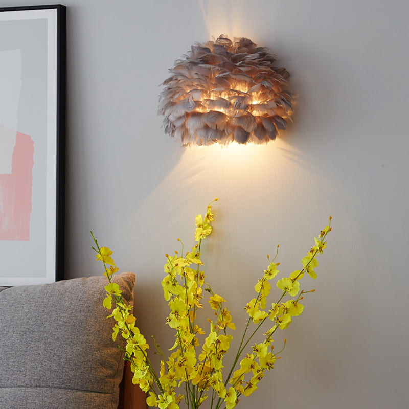Modern Metal Wall Sconce Geometric Shape Wall Light with Feather Shade for Bedroom