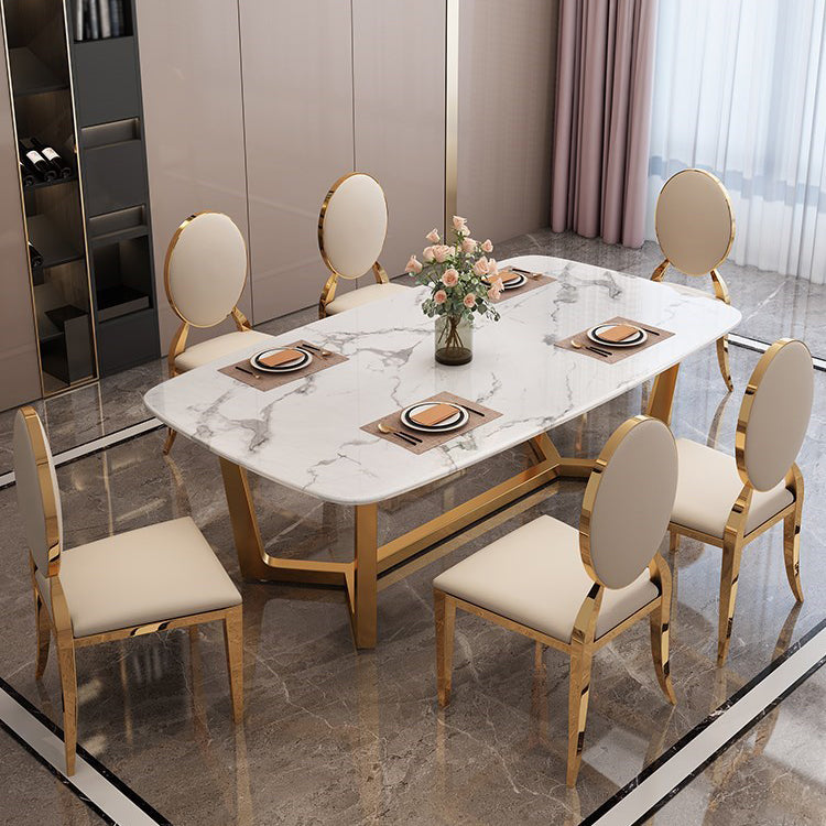Rectangle Trestle Base Dining Table Glam Style Stone Kitchen Desk