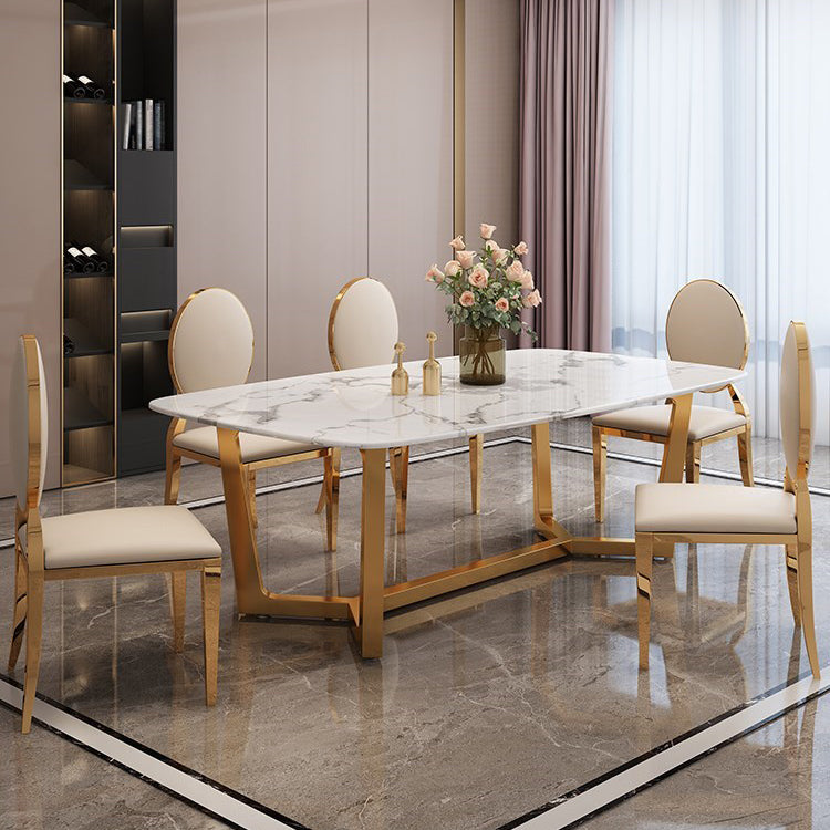Rectangle Trestle Base Dining Table Glam Style Stone Kitchen Desk