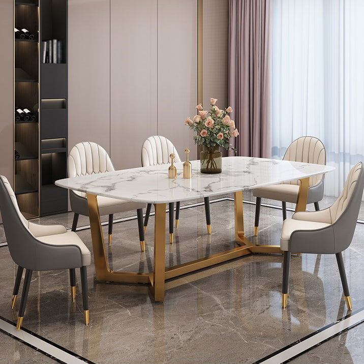 Rectangle Trestle Base Dining Table Glam Style Stone Kitchen Desk
