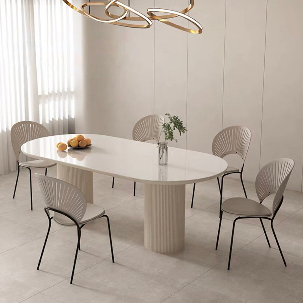 Contemporary Dining Table White Sintered Stone Double Pedestal Desk