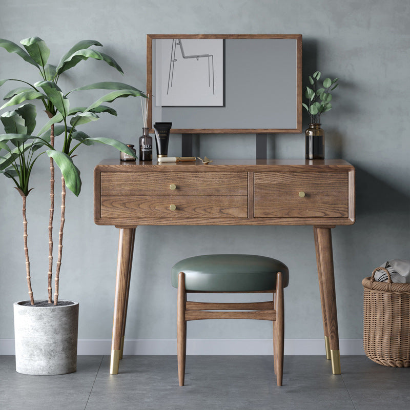 3 Drawers Mirrored Makeup Table Solid Wood Vanity Desk Stool Set