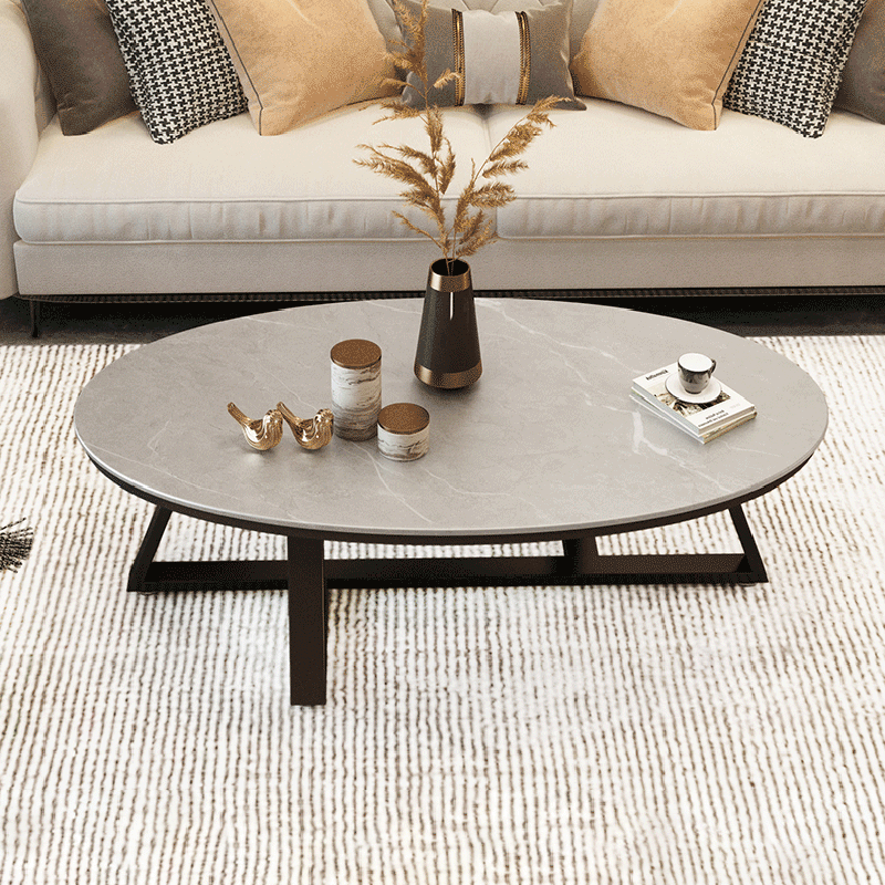 Glam Elliptical Slate Coffee Table 26.2" H Cross Legs Cocktail Table