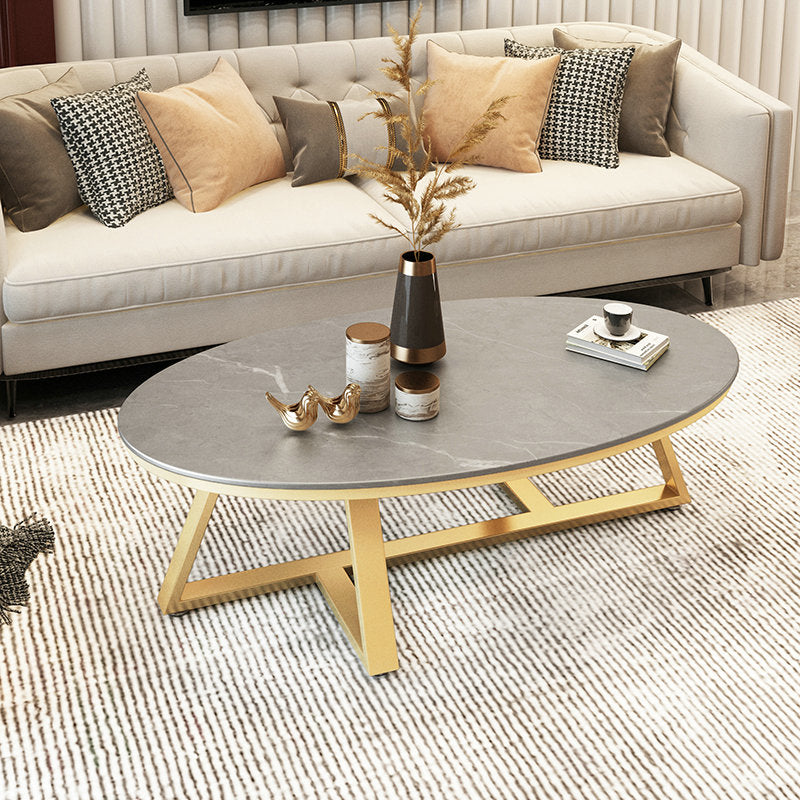 Glam Elliptical Slate Coffee Table 26.2" H Cross Legs Cocktail Table