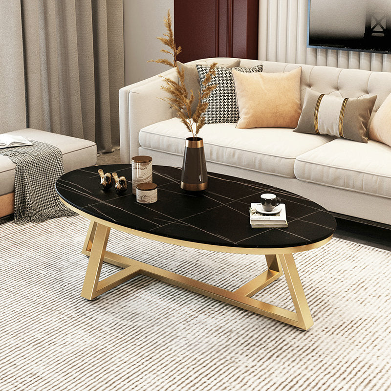 Glam Elliptical Slate Coffee Table 26.2" H Cross Legs Cocktail Table