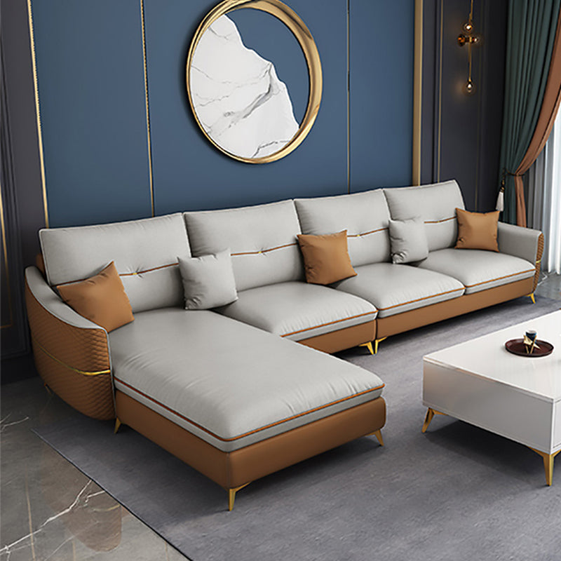 Beige 5-seater Flared Arm Sectional Luxurious Faux Leather Sectional