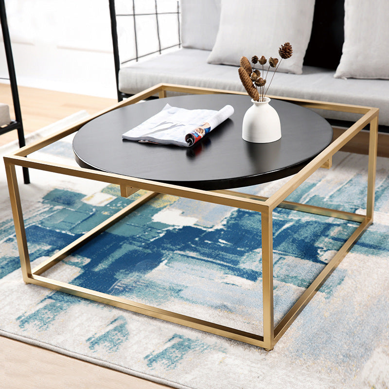 Metal Frame Base Coffee Table Round Wood Cocktail Table in Gold