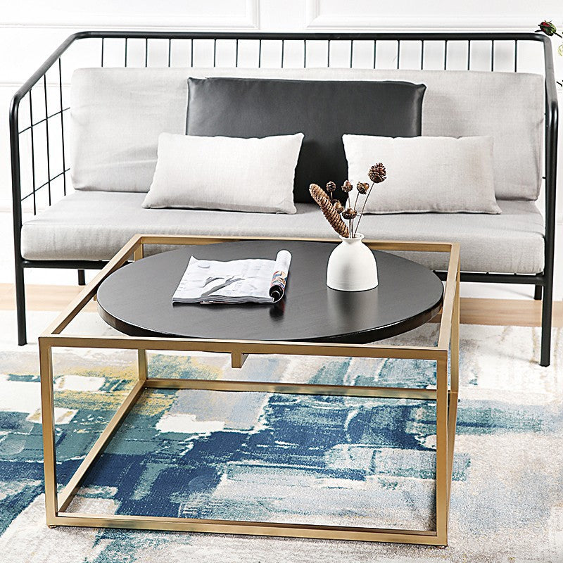 Metal Frame Base Coffee Table Round Wood Cocktail Table in Gold