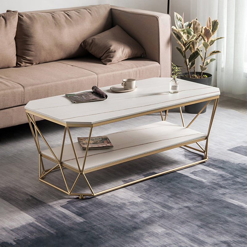 Luxurious Stone Top Coffee Table Metal Frame Cocktail Table with Shelf
