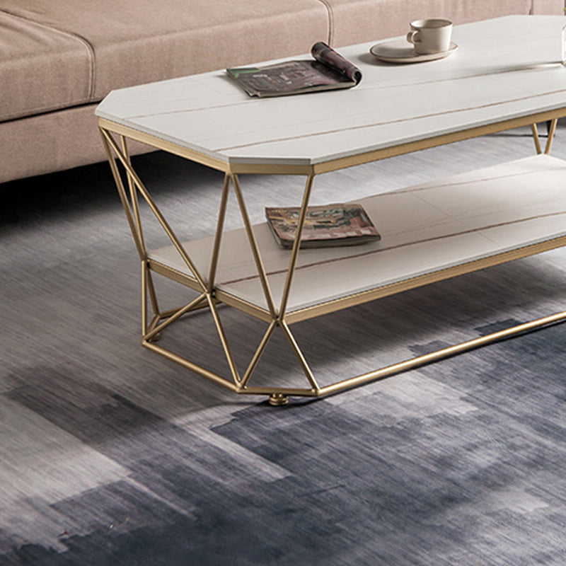 Luxurious Stone Top Coffee Table Metal Frame Cocktail Table with Shelf