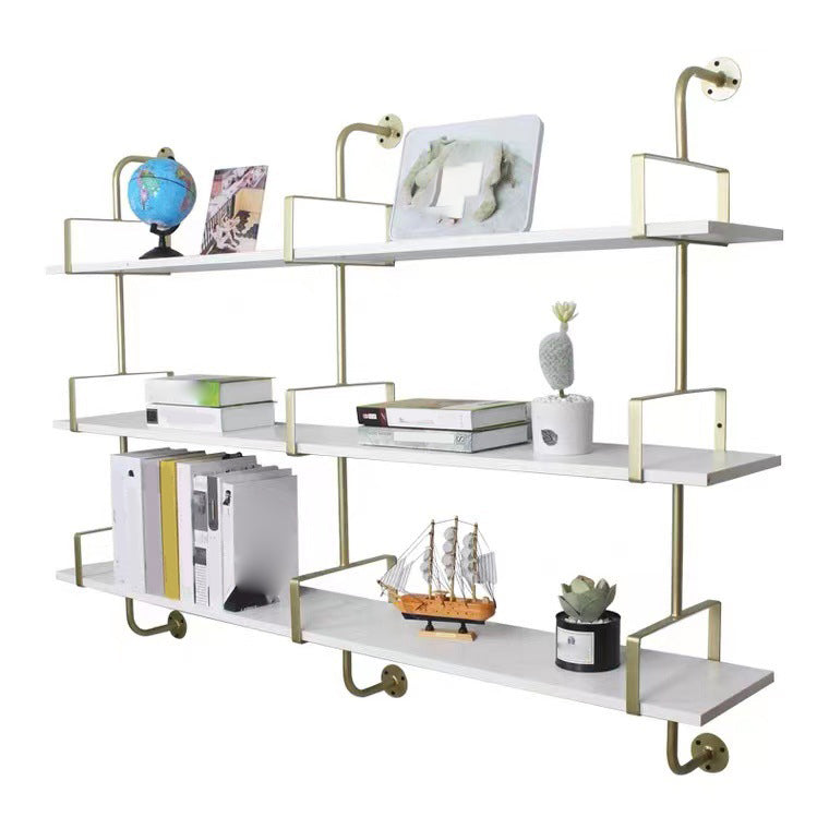 Metal and Wooden Shelf Bookcase Open Wall Mounted Gold Bookshelf for Home