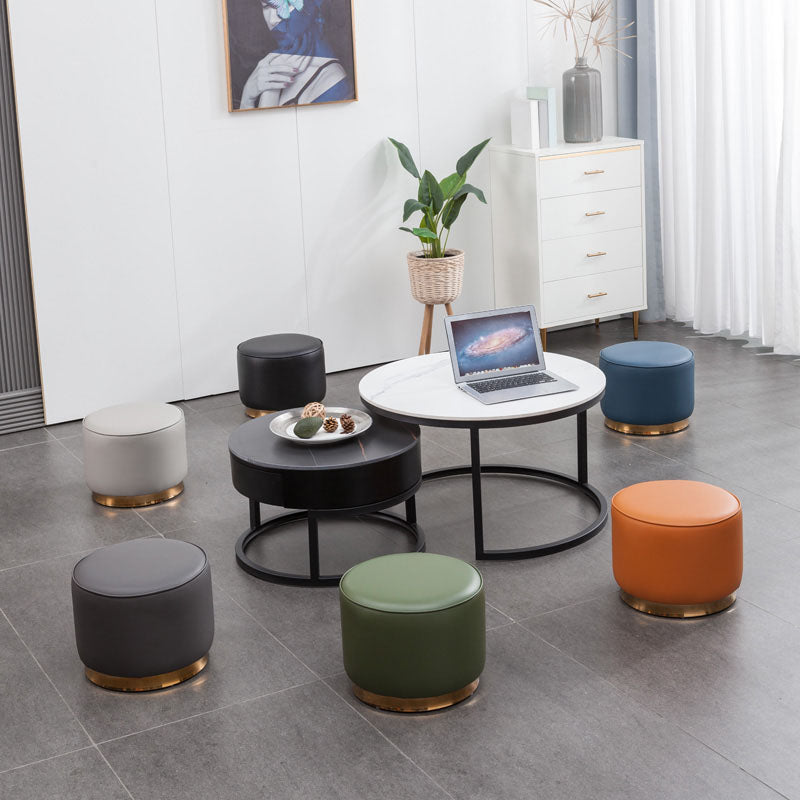 Glam Round Shape Ottoman Genuine Leather Upholstered Standard