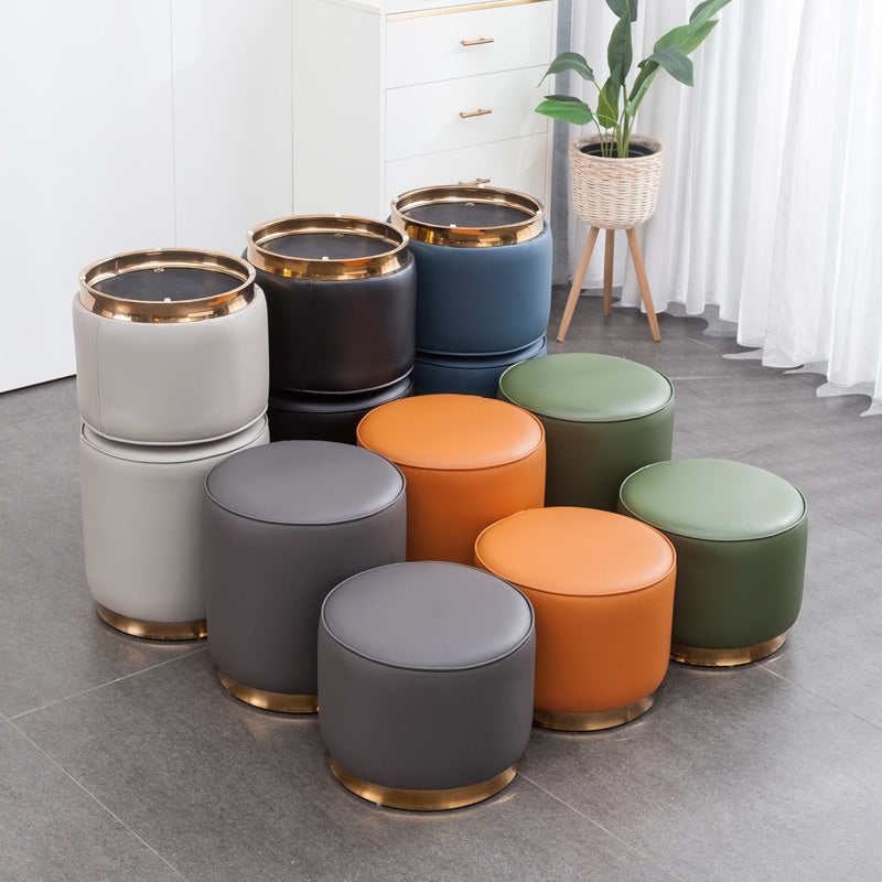 Glam Round Shape Ottoman Genuine Leather Upholstered Standard