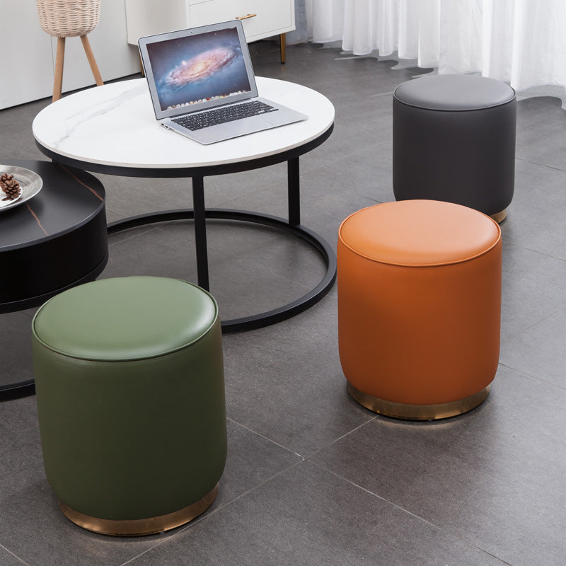 Glam Round Shape Ottoman Genuine Leather Upholstered Standard