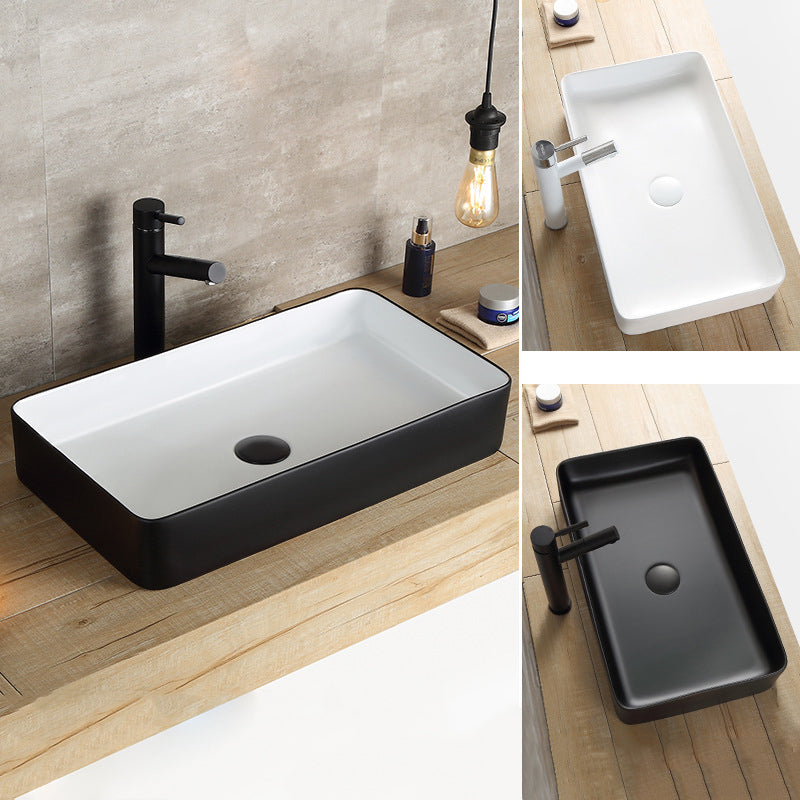 Modern Bathroom Sink Porcelain Rectangular with Pop-Up Drain and Faucet Wash Stand