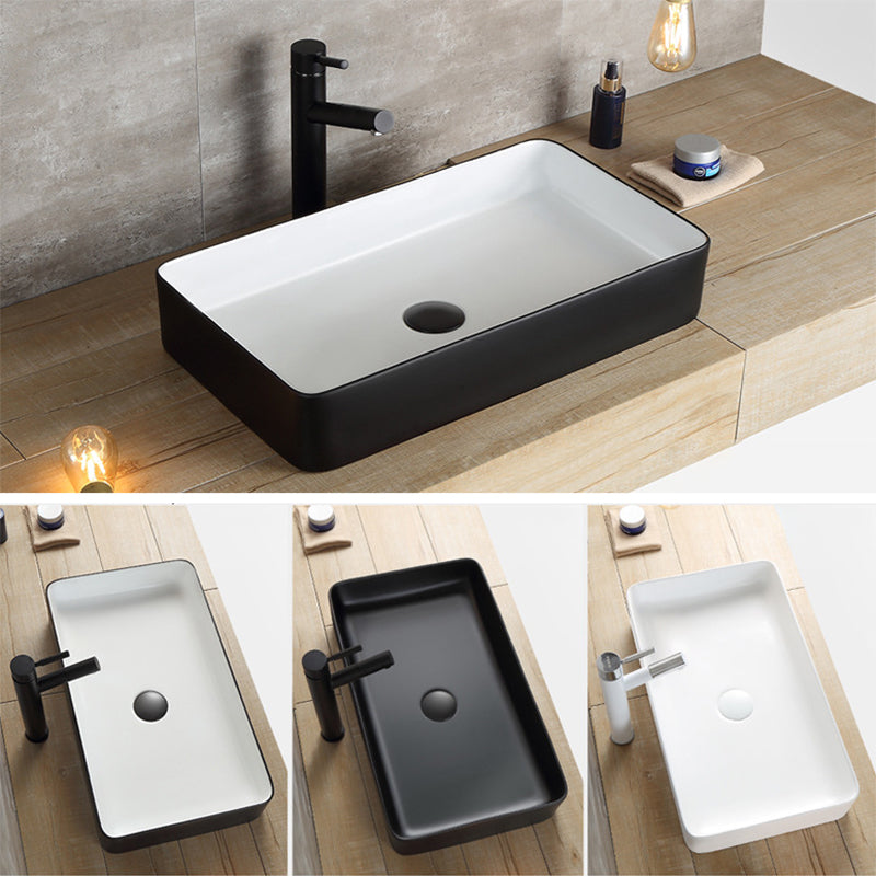 Modern Bathroom Sink Porcelain Rectangular with Pop-Up Drain and Faucet Wash Stand