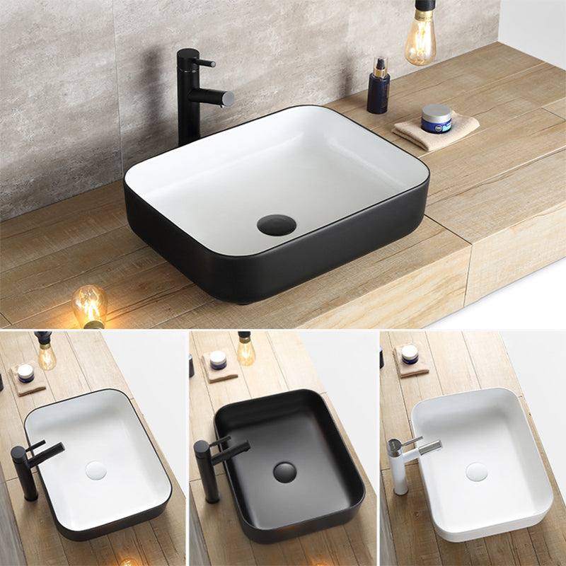 Modern Bathroom Sink Porcelain Rectangular with Pop-Up Drain and Faucet Wash Stand
