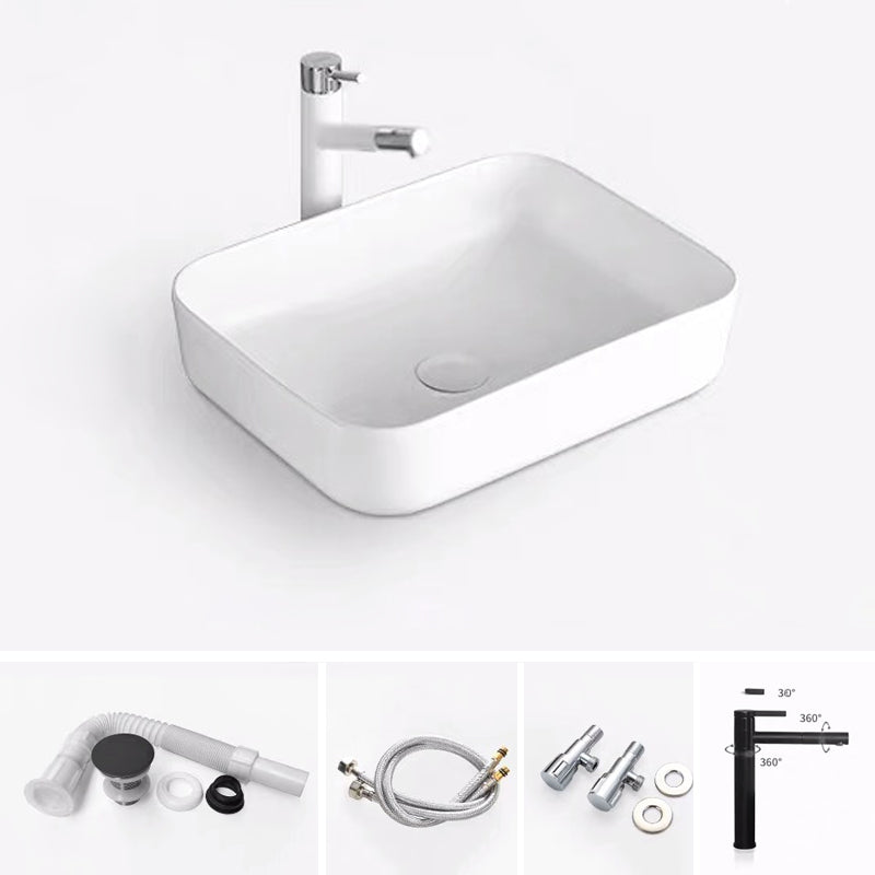 Modern Bathroom Sink Porcelain Rectangular with Pop-Up Drain and Faucet Wash Stand