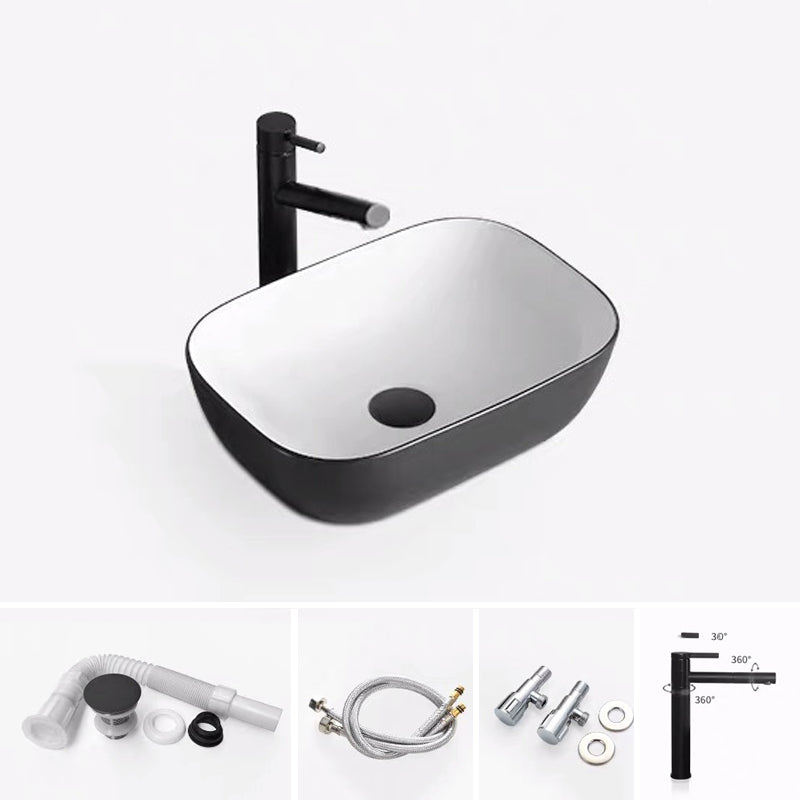 Modern Bathroom Sink Porcelain Rectangular with Pop-Up Drain and Faucet Wash Stand