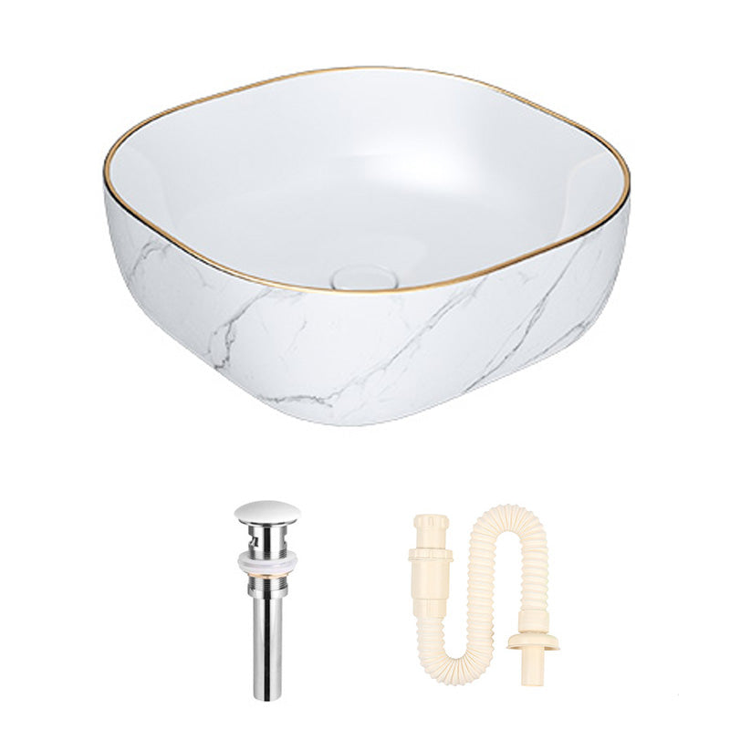 Modern Bathroom Sink Porcelain Pop-Up Drain Solid Color Rectangular Vessel