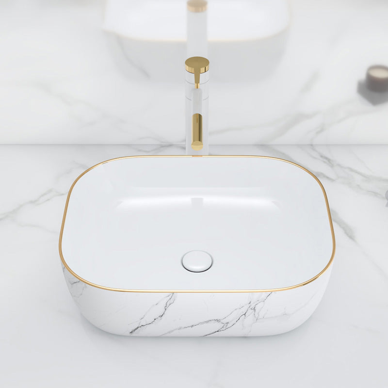 Modern Bathroom Sink Porcelain Pop-Up Drain Solid Color Rectangular Vessel