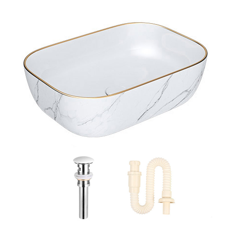 Modern Bathroom Sink Porcelain Pop-Up Drain Solid Color Rectangular Vessel
