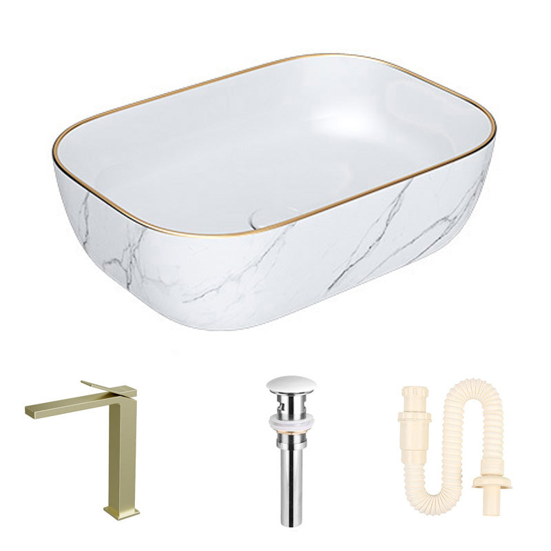 Modern Bathroom Sink Porcelain Pop-Up Drain Solid Color Rectangular Vessel