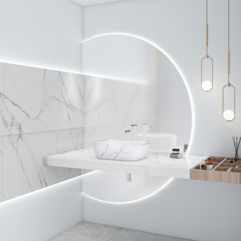 Modern Bathroom Sink Porcelain Pop-Up Drain Solid Color Rectangular Vessel