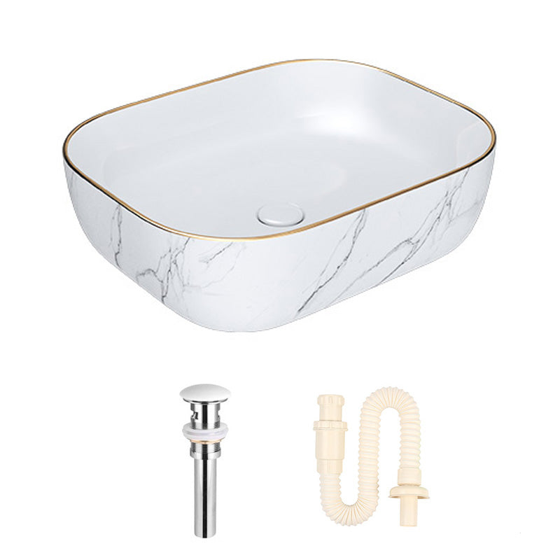 Modern Bathroom Sink Porcelain Pop-Up Drain Solid Color Rectangular Vessel