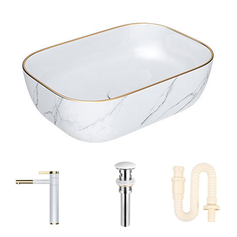 Modern Bathroom Sink Porcelain Pop-Up Drain Solid Color Rectangular Vessel