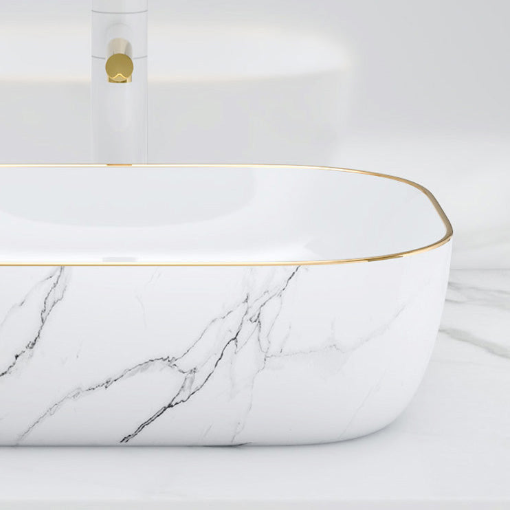 Modern Bathroom Sink Porcelain Pop-Up Drain Solid Color Rectangular Vessel