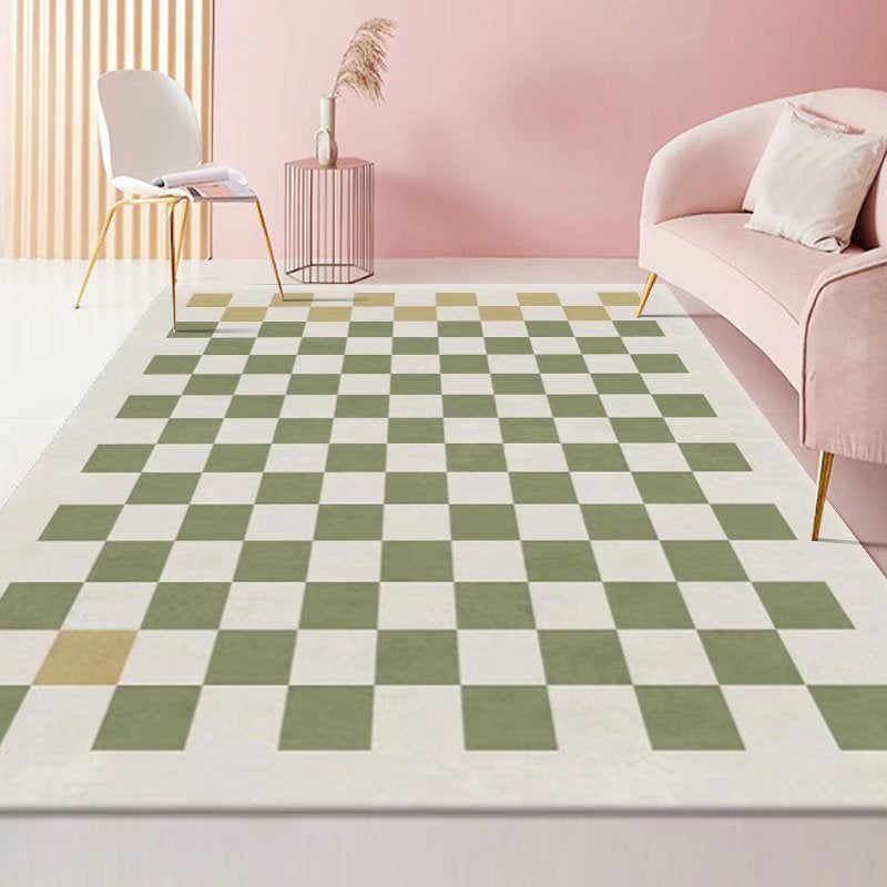 Green Modern Carpet Polyester Grid Carpet Washable Carpet for Home Decor