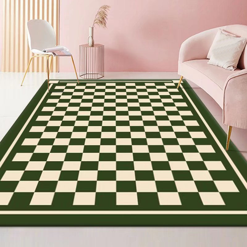 Green Modern Carpet Polyester Grid Carpet Washable Carpet for Home Decor