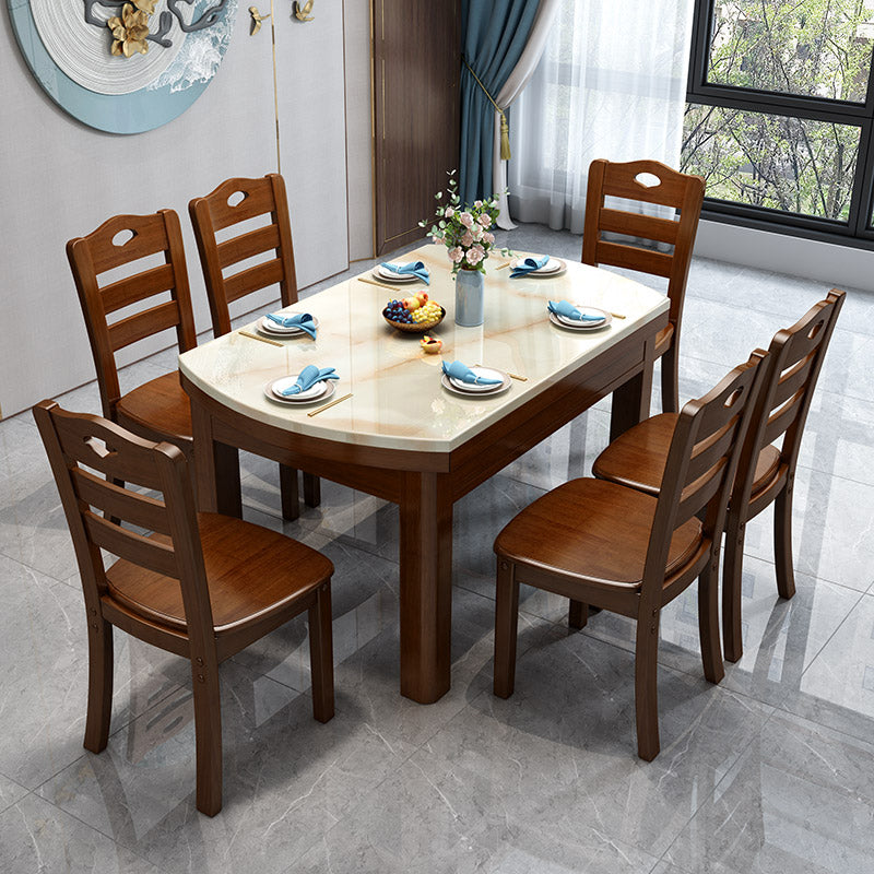 Round Stone Top Dining Table Drop-Leaf Dinner Room Kitchen Table with Wood Base