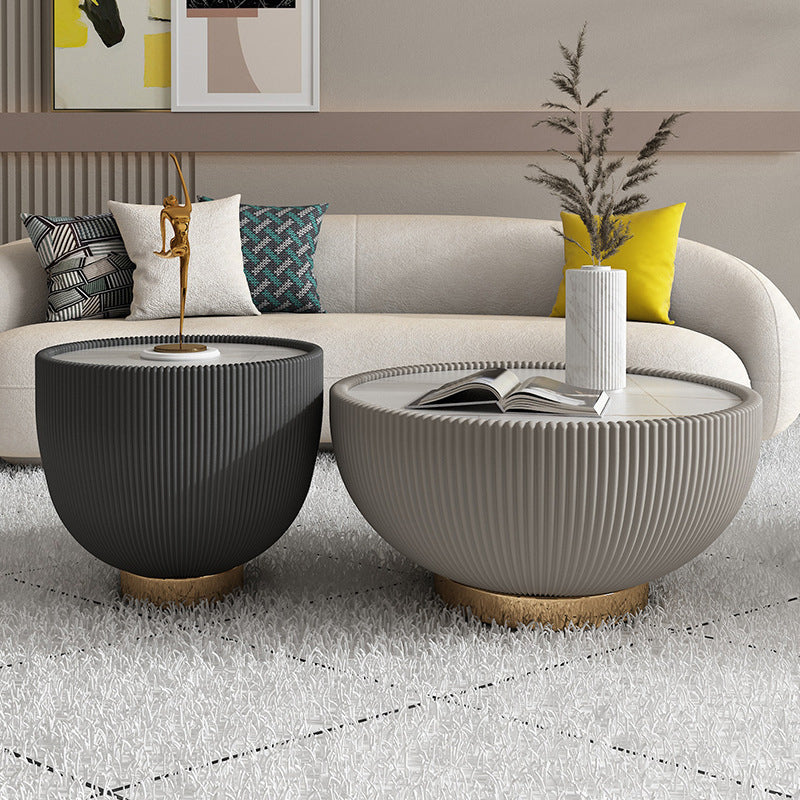 Luxurious Slate Round Pedestal Coffee Cocktail Table in White and Gray