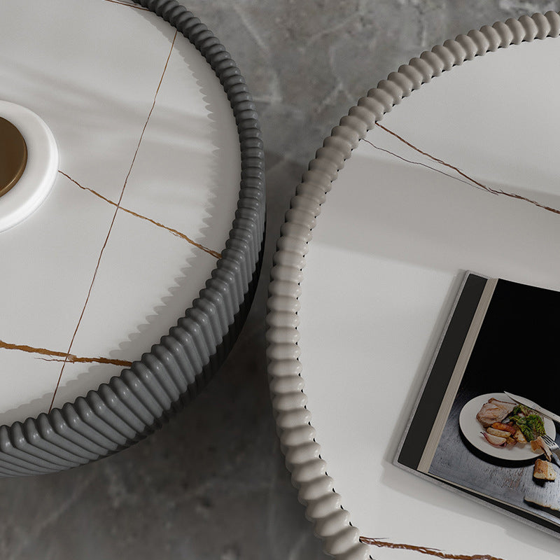 Luxurious Slate Round Pedestal Coffee Cocktail Table in White and Gray