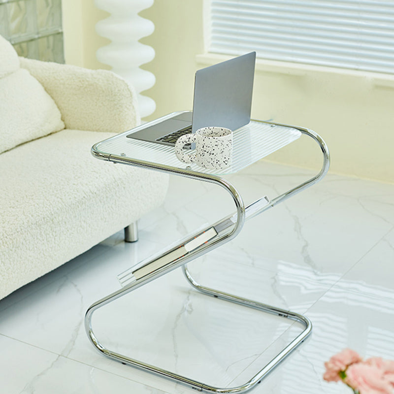 Modern Glass Top Side Table Metal Abstract Base End Table with Magazine Holder