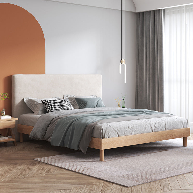 Gray and Natural Standard Bed Traditional Oak Panel Bed Upholstered Headboard