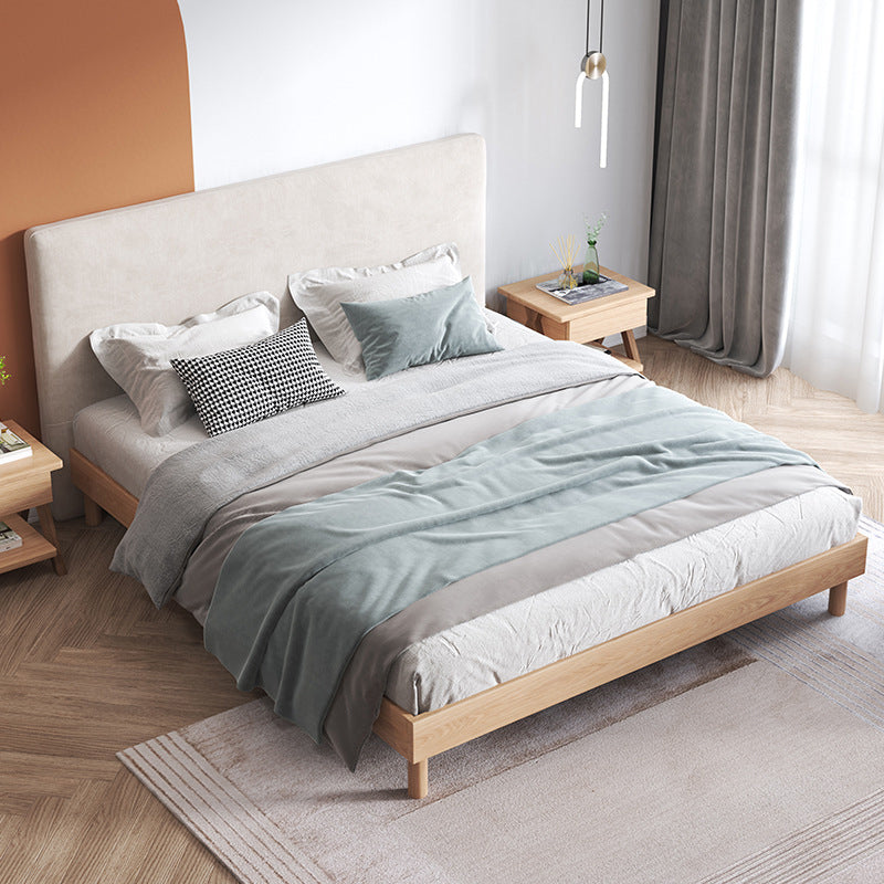 Gray and Natural Standard Bed Traditional Oak Panel Bed Upholstered Headboard