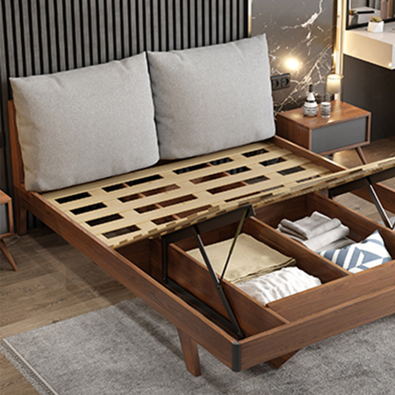 Espresso Wood Panel Bed Upholstered Headboard Standard Bed Lift Up Storage