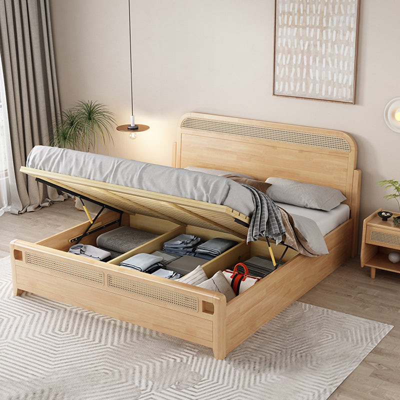 Natural Tropical Standard Bed Rattan and Rubberwood Panel Bed with Headboard