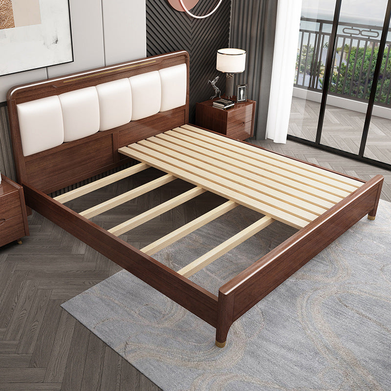 Rubberwood Pine Wood Panel Bed Mid-Century Modern Espresso Standard Bed with Headboard