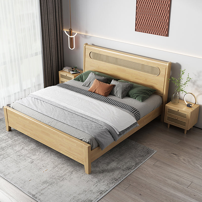 Rectangular Beige Panel Bed Rubberwood and Rattan Bed Frame with Headboard