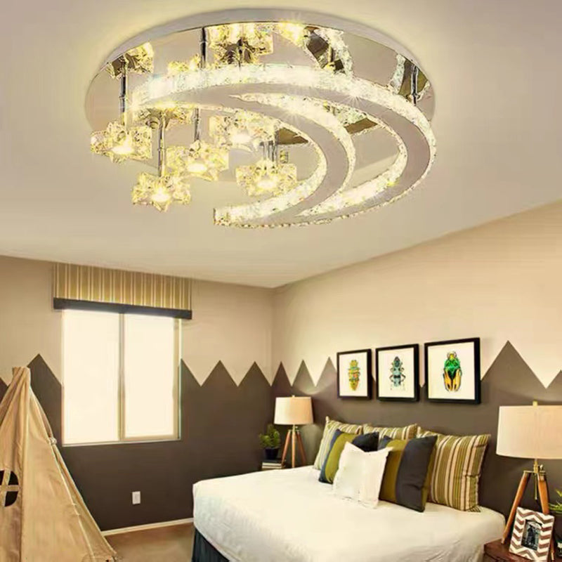 Ringed Shape Semi Flush Mount Modern Style Crystal Flush Ceiling Light in Silver