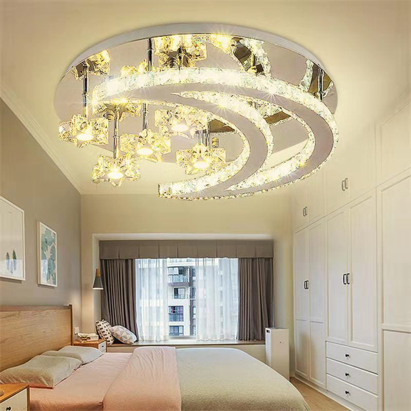 Ringed Shape Semi Flush Mount Modern Style Crystal Flush Ceiling Light in Silver
