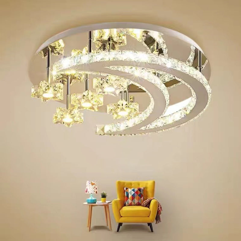 Ringed Shape Semi Flush Mount Modern Style Crystal Flush Ceiling Light in Silver