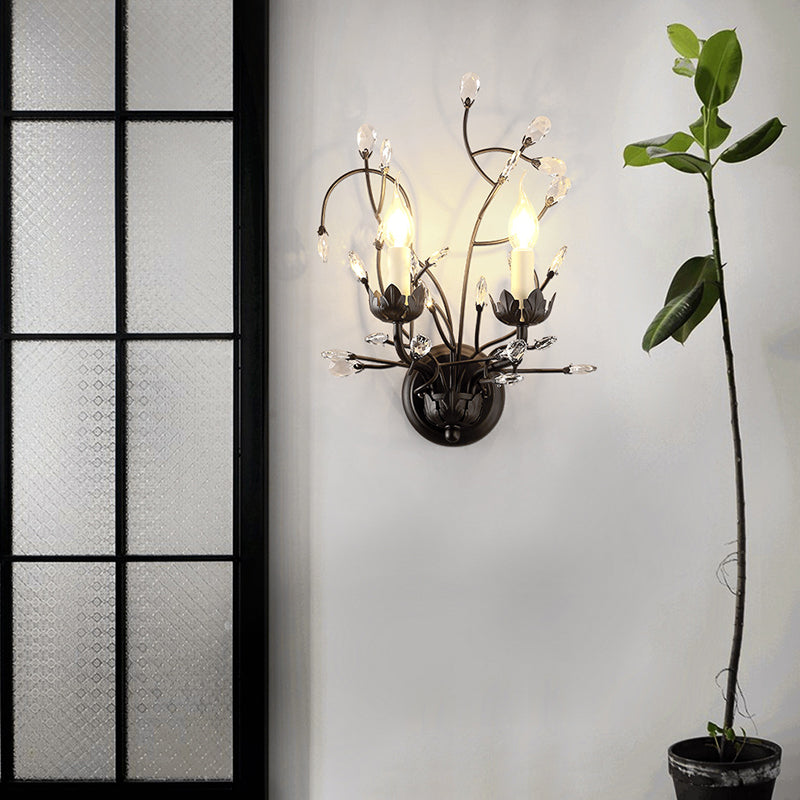Crystal Candle Shape Wall Sconce Modern Style 2 Lights Wall Light Fixture in Black